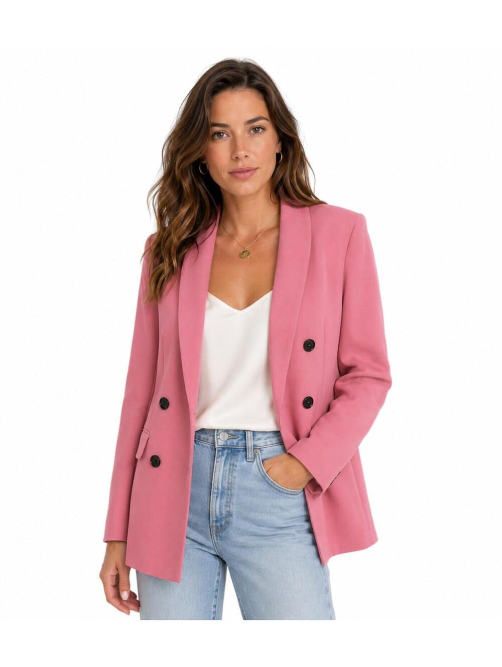 Zara Rose Pink Double Breasted Blazer Jacket Shawl Collar Contrast Button XS